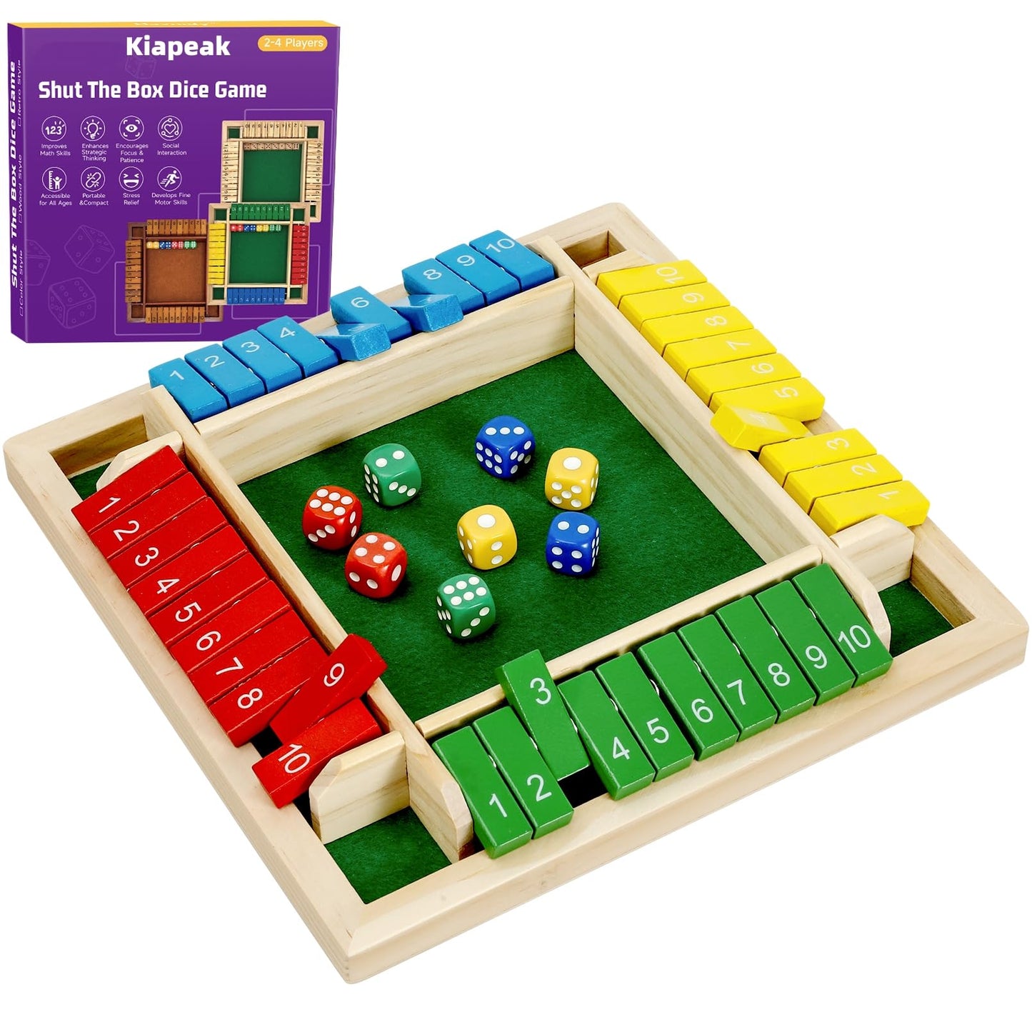 Kiapeak 1-4 Players Shut The Box Dice Game, 10 Numbers Traditional Wooden Pub Bar Board Game, Family Classics Tabletop Version G