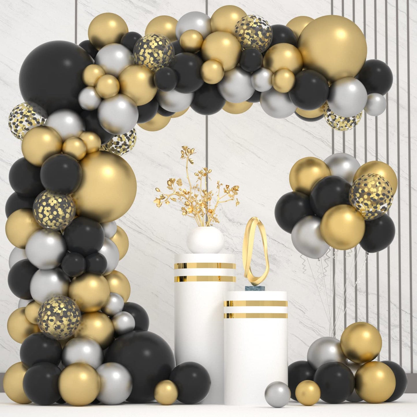 Black And Gold Balloons Arch Kit 125Pcs Metallic Gold Sliver Black Balloons 5/12/18 Inch Black And Gold Grad Balloon Garland Arc