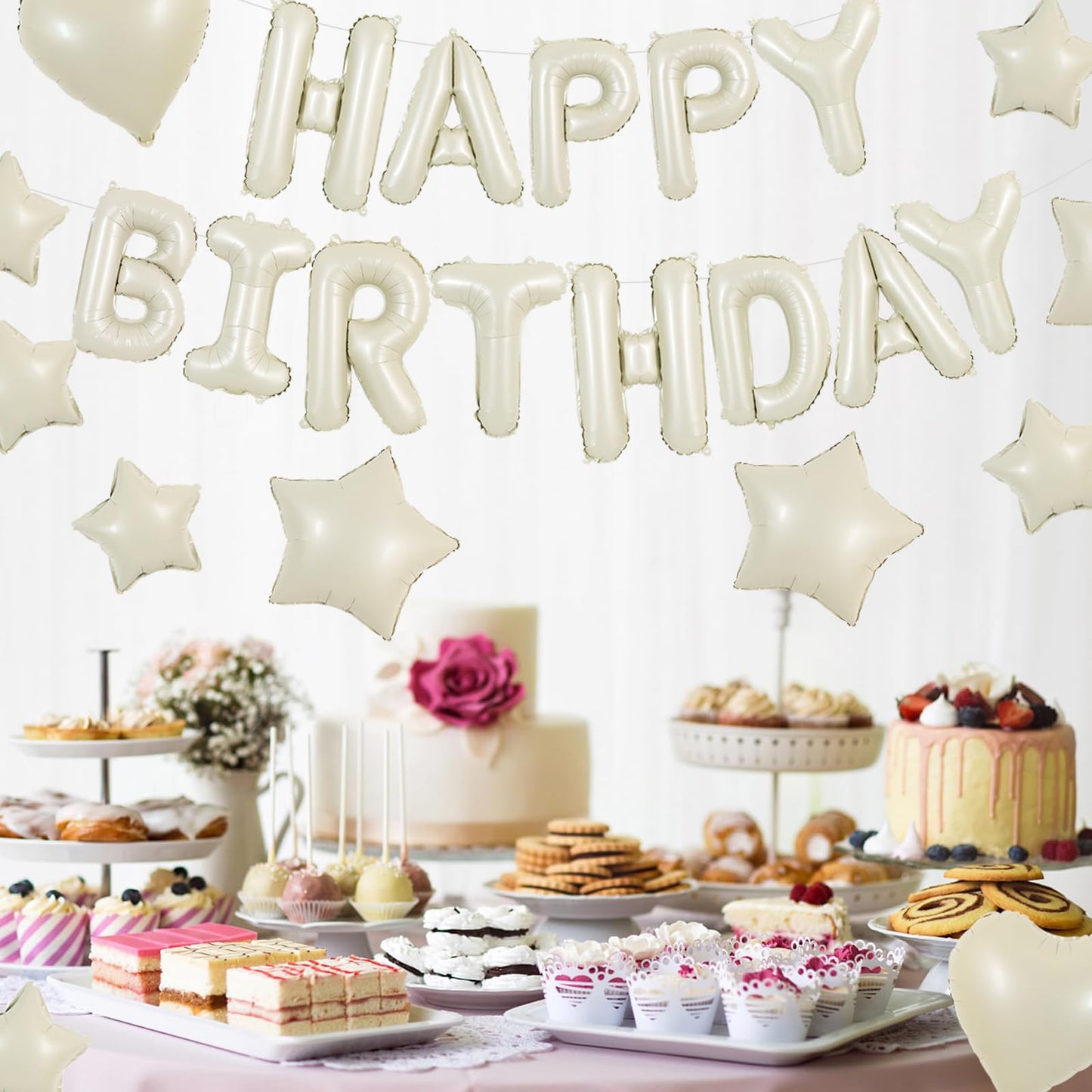 TONIFUL 31PCS Cream White Happy Birthday Decorations 16 Inch Happy Birthday Balloon Banner with Star Heart Balloons Mylar Foil B