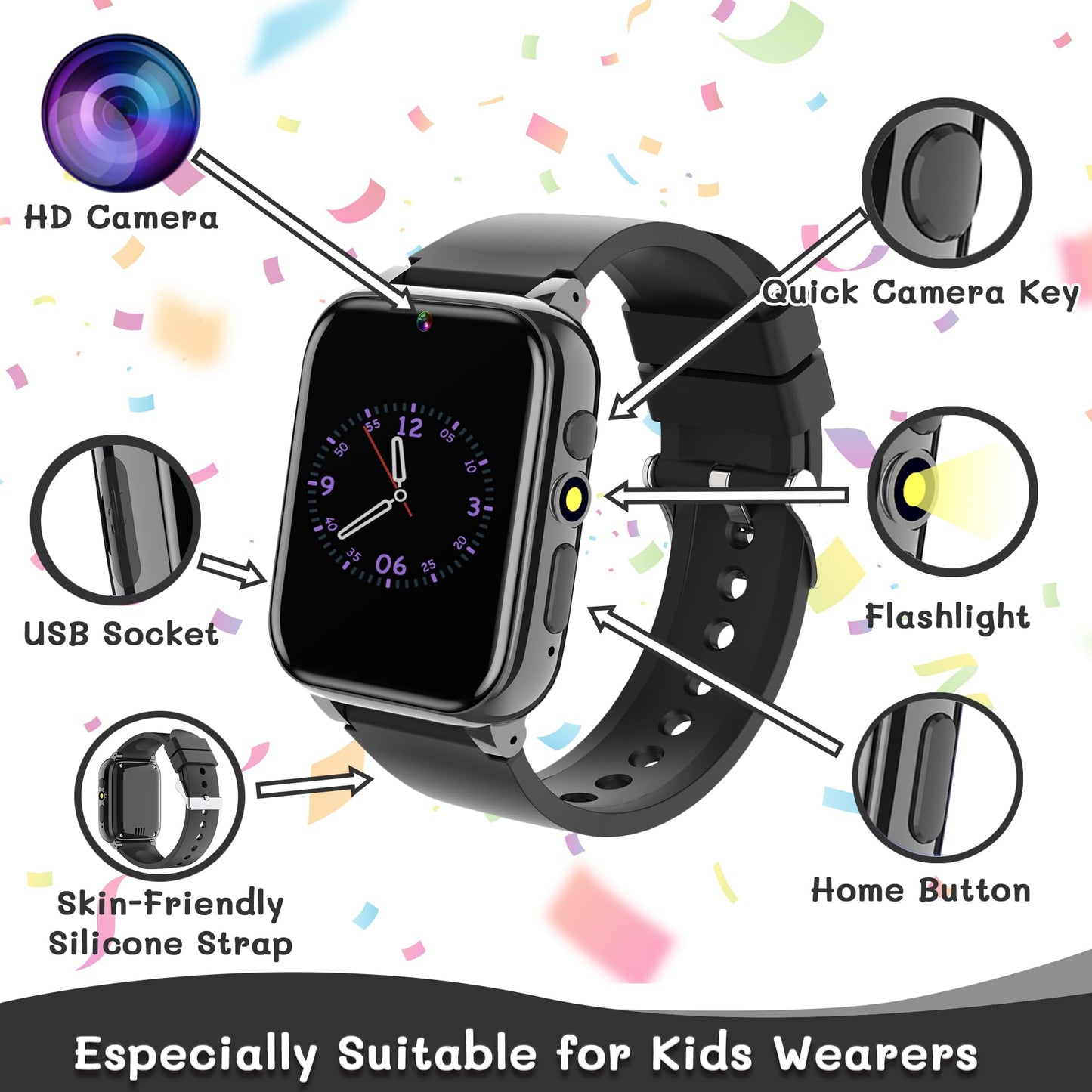 Spodus Kids Smart Watch Learning Watches Toys For Boys With Kids Games Learning Card Step Counter Audio Book Alarm Calendar (Bla
