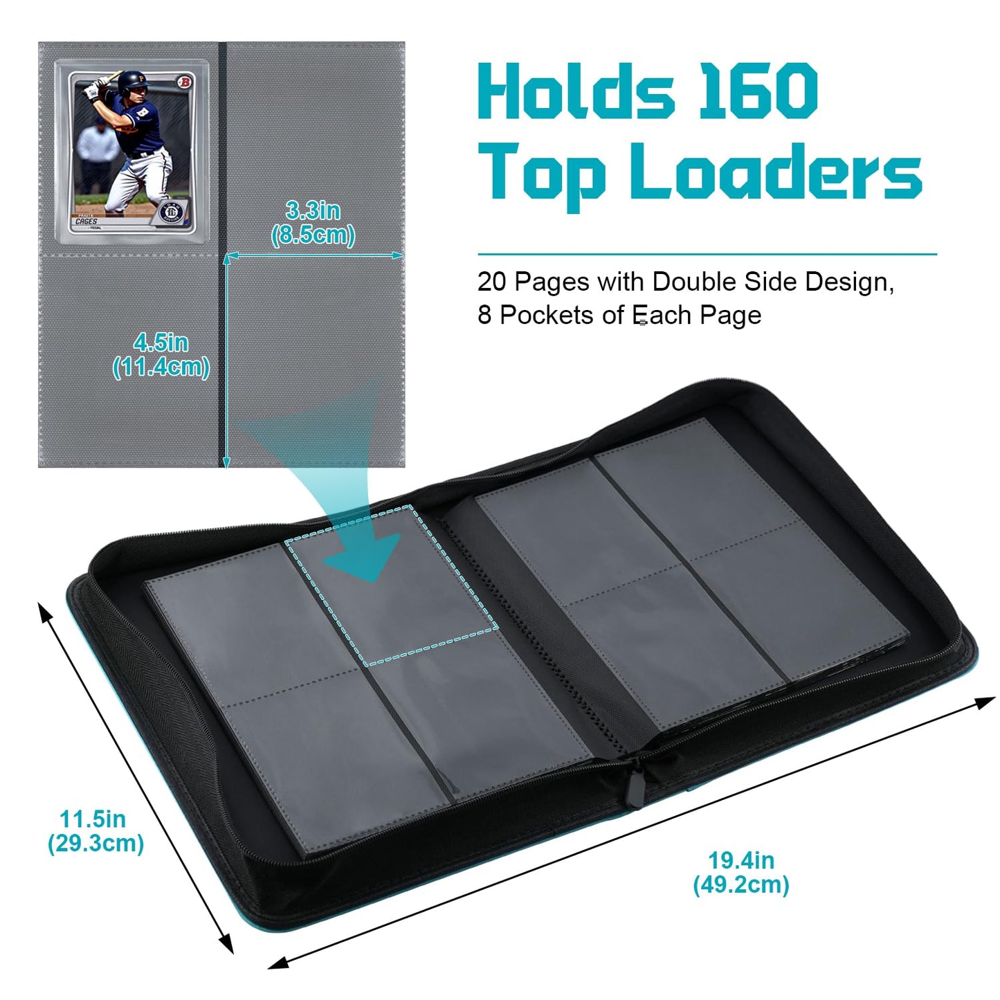 WITHYU Top Loader Binder 4 Pocket for 3x4 Rigid Cards  160 Pockets Collectible Card Album with 8 Toploaders  Trading Card Binder for TCG  MTG  Sports Cards (Aqua Blue)