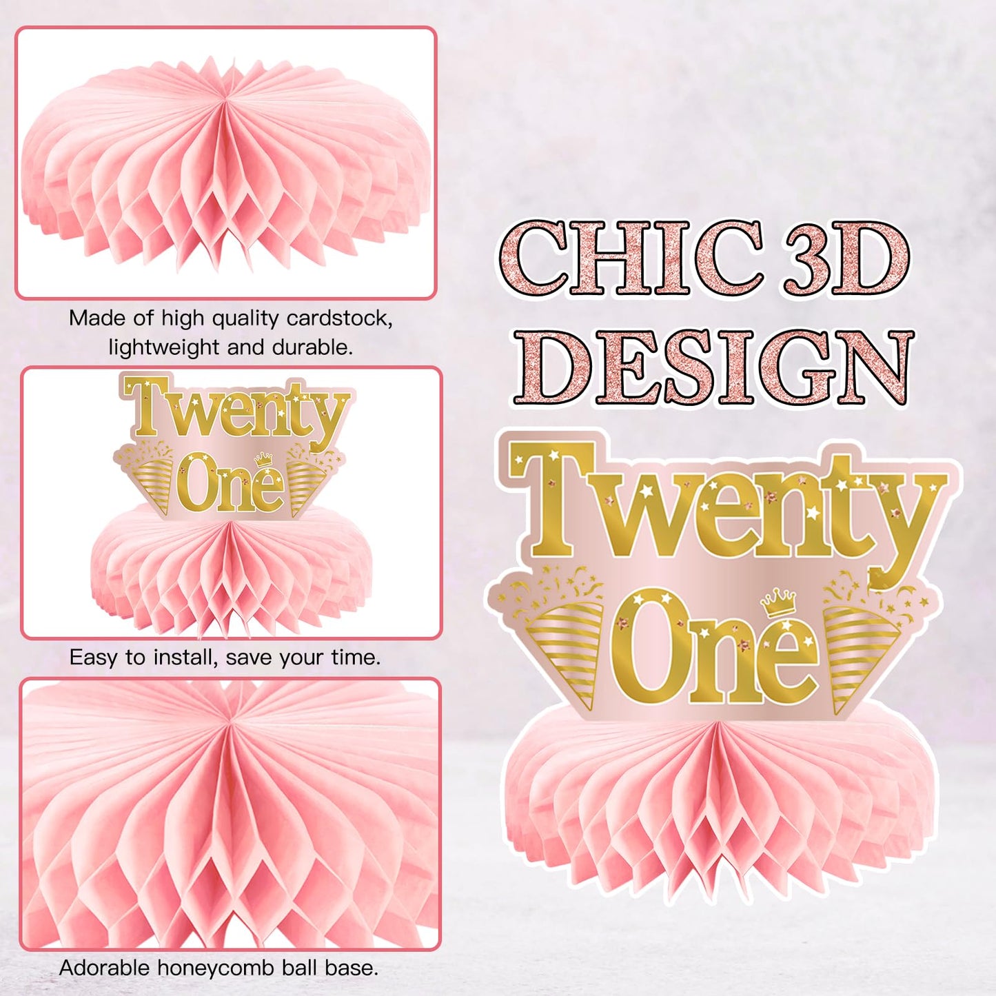 9Pcs 21St Birthday Decorations Pink Rose Gold Honeycomb Centerpieces For Women Girls,Happy 21St Birthday Table Centerpieces Part