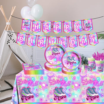 142Pcs Roller Skating Birthday Party Supplies Tableware Set Roller Skater Decoration Let'S Roll Birthday For Boy Or Girl,Colorfu