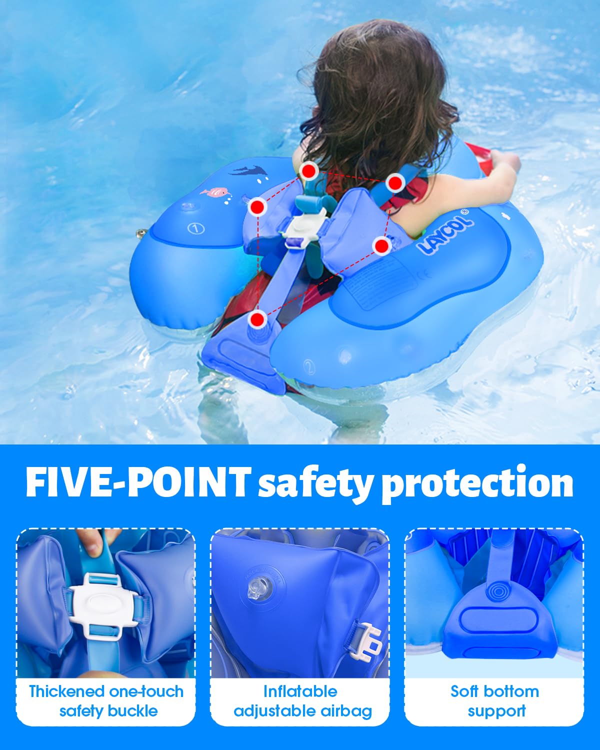 LAYCOL Baby Swimming Float Ring XL - Inflatable with Sun Canopy, No Flip Over, Deep Blue, Model B1214Y for Ages 3-36 Months
