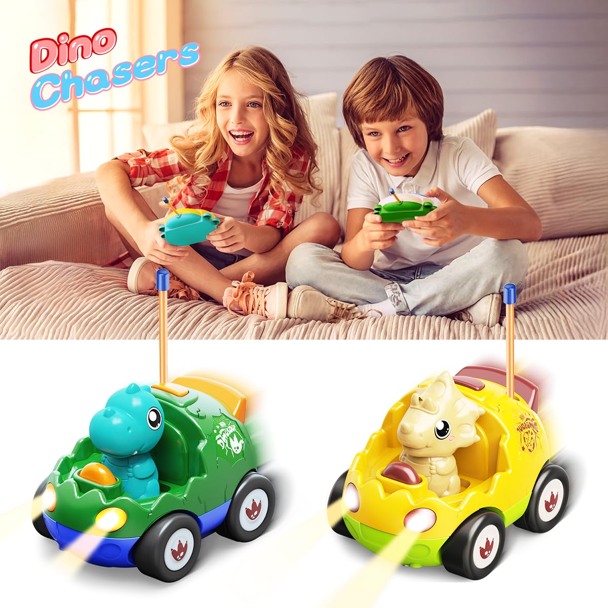 2 Pack Dinosaur Toys for Toddlers 2 3 4 5 6 Years Old - Remote Control Cars RC Cars with Music, Lights and Sound Effect, Birthda