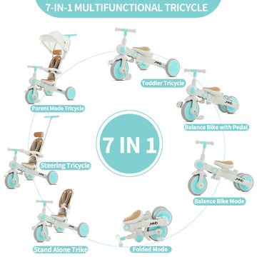 JMMD Baby Tricycle, 7-in-1 Multifunctional Kids Trike with Adjustable Parent Handle, Safety Harness & Wheel Brakes, Removable Ca