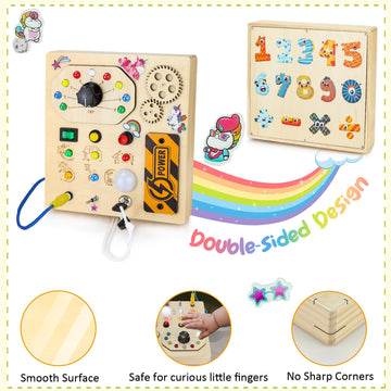 Jamiewin Montessori Busy Board With Led Light Switch For Toddlers 1-3, Wooden Sensory Board Travel Toys For Toddlers Baby, Monte