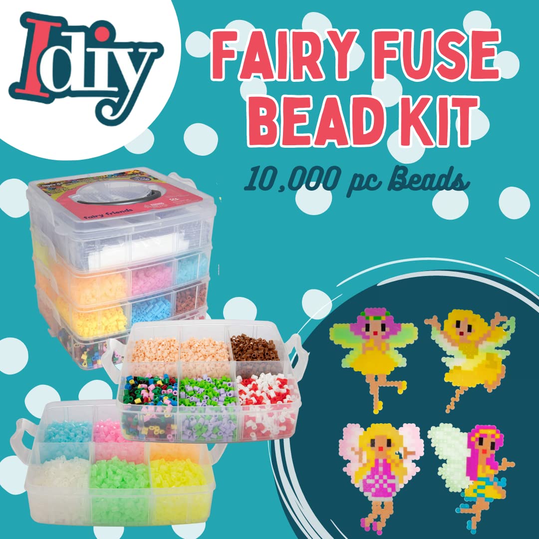 10,000pc Fuse Bead Fairy Kit w Carrier CASE-25 Colors, 12 Unique Templates, 4 Peg Boards, Tweezers, Ironing Paper- Bulk Art Craf