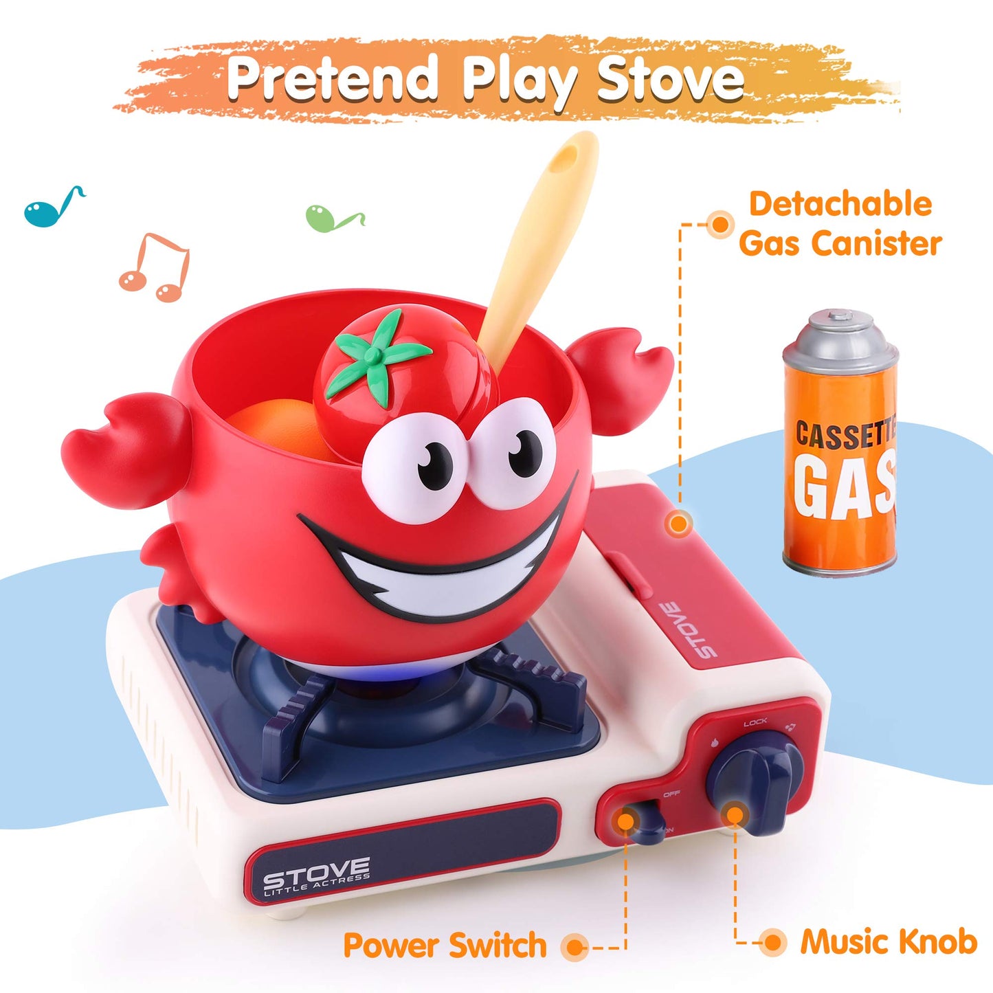 iPlay, iLearn Play Kitchen Accessories, Toddler Cooking Toys Set, Kids Cookware Playset, Pretend Pots Pans W/ Musical Stove, Cut