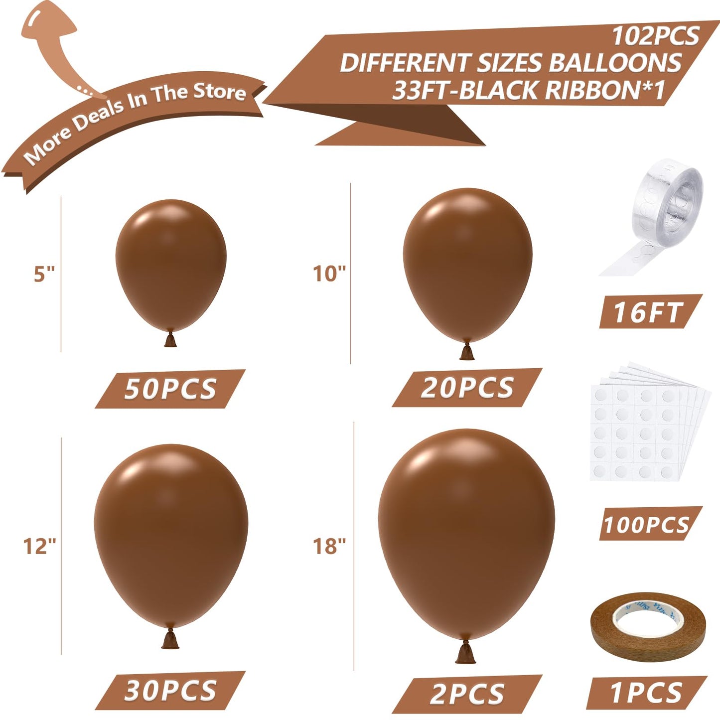 Nisocy Brown Balloons Arch Garland Kit, 102Pcs 18In 12In 10In 5In Dark Brown Balloons Different Sizes For Birthday Wedding Baby