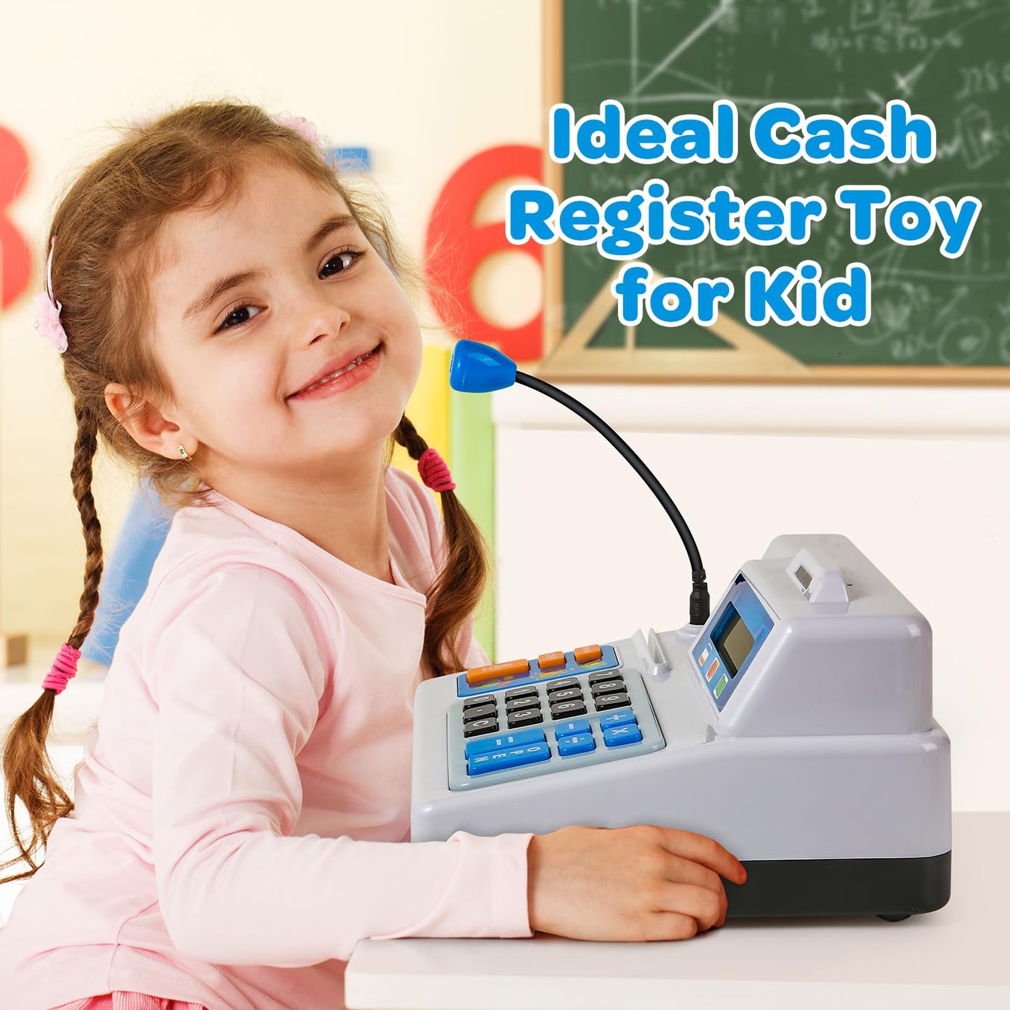 Calculator Cash Register - 103 Pcs Toy Cash Register, Store Set With Microphone, Credit Card And Banking For Kids, Early Math Sk