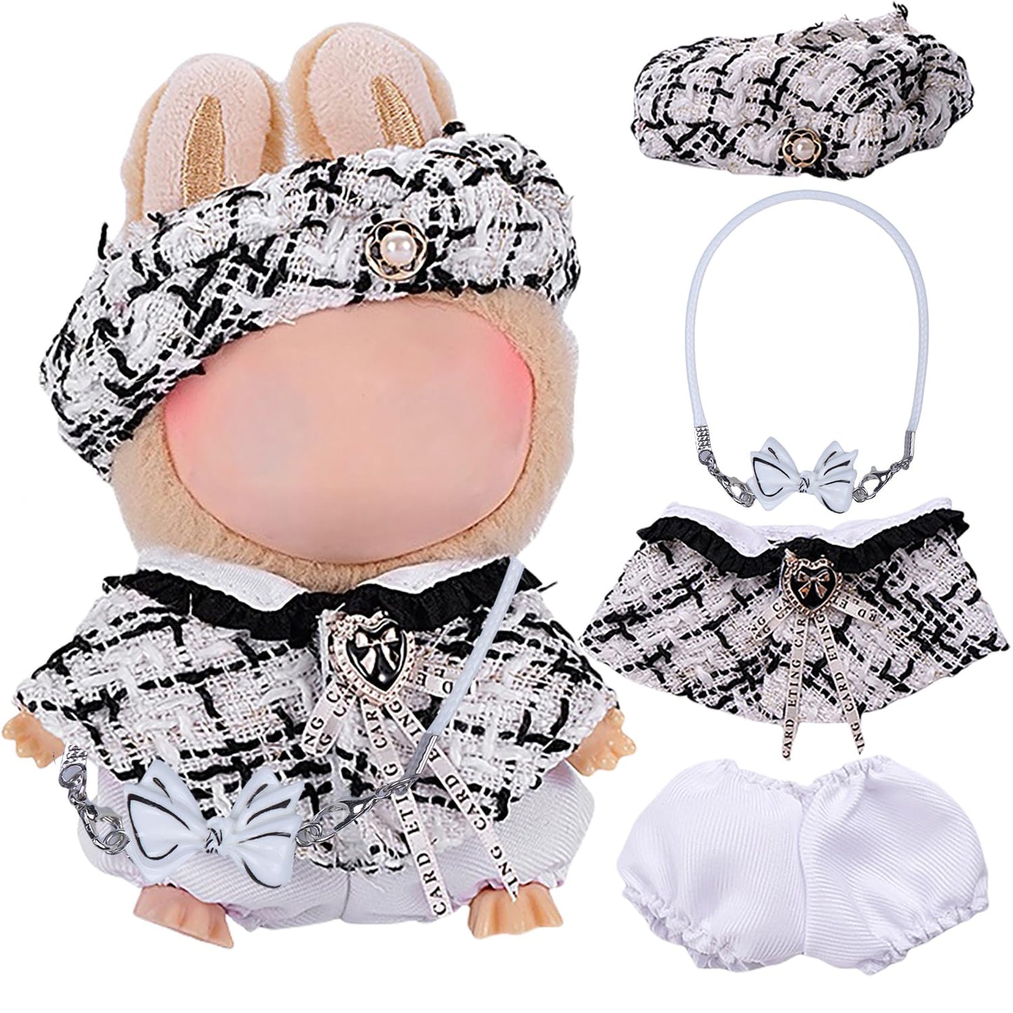 4pcs Handmade 15cm/17cm Doll Clothes Outfit for Labubu Accessories (No Doll)  enhanced Clothes Set with Hat  Shwal  Pants & Bag  Cute Fashion Clothes for Girls Boys Collectors (Black/White) AK054GY