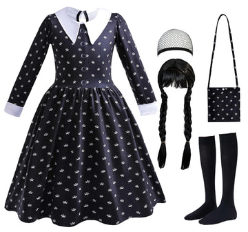 Luzlen Black Costume Girls with Wig Socks Kids Toddler Black Family Dress Halloween Cosplay Outfits, Black and White, 4-5T(Tag 1