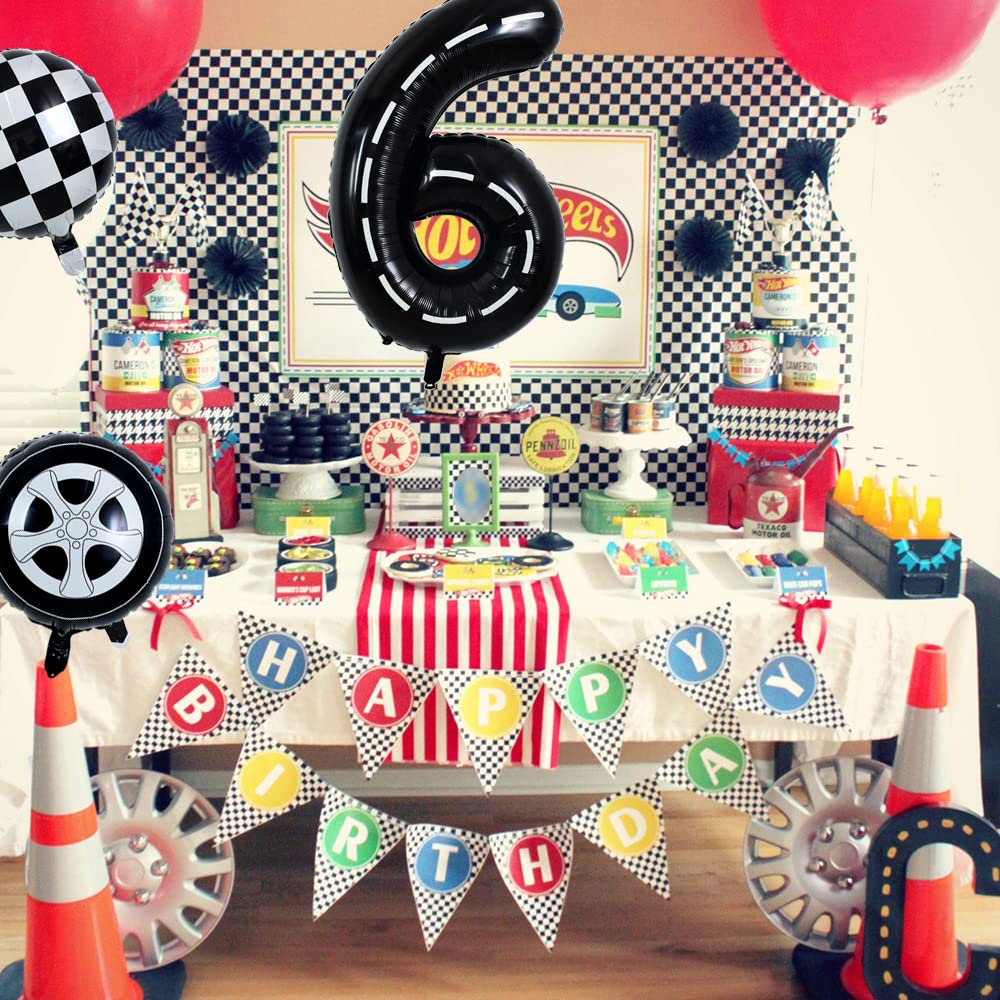 Toniful Race Car Black Balloons Car Birthday Party Supplies,40 Inch Giant Jumbo Helium Foil Mylar Big Number 6 Digital 6 Balloon