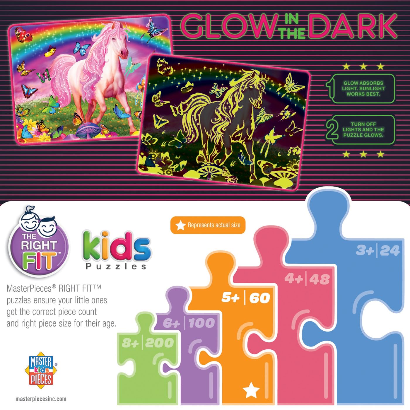 Masterpieces 60 Piece Glow In The Dark Fantasy Puzzle For Kids - Rainbow World - 14''X19'' - Screen-Free Fun!