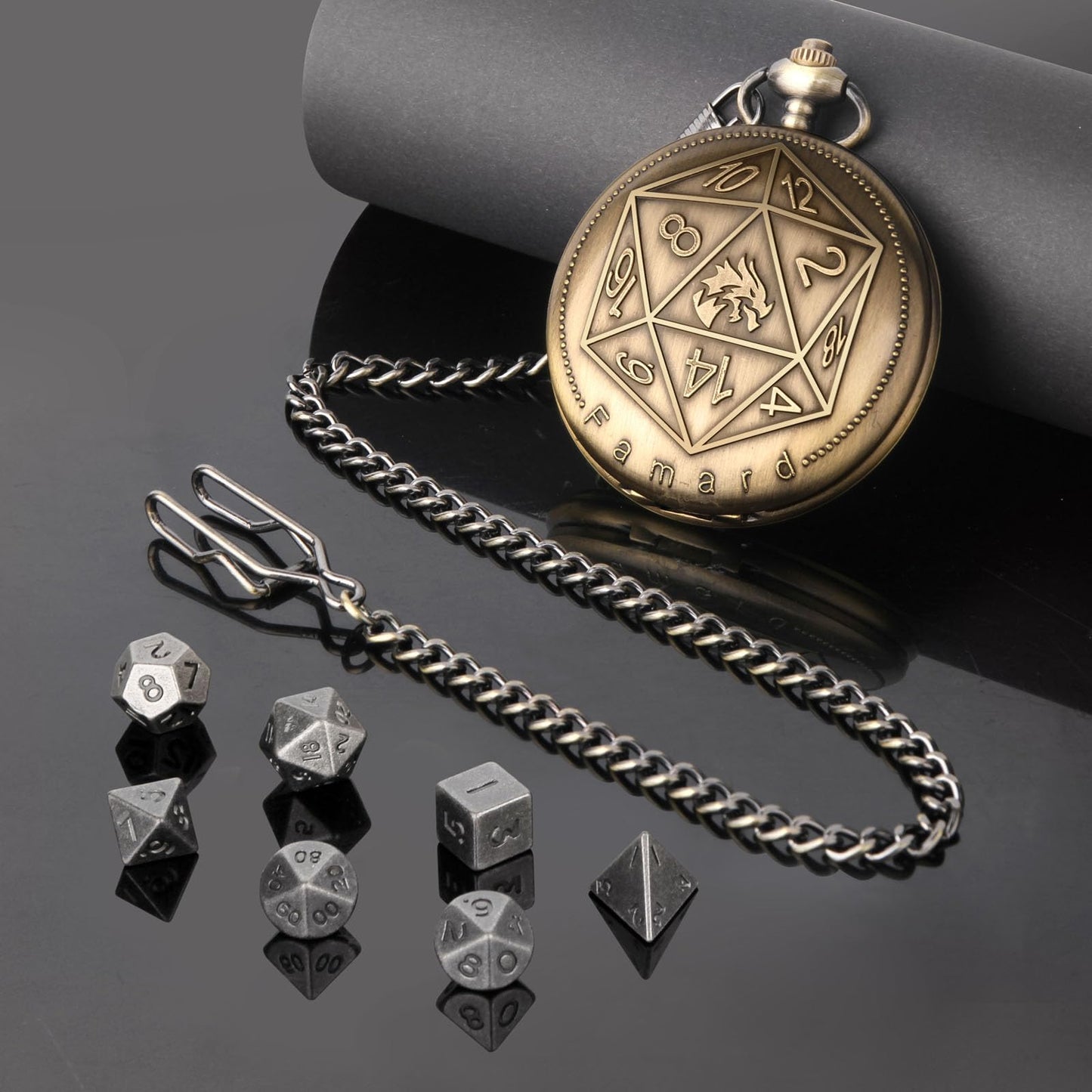 Famard 10mm Tiny DND Dice Set with Vintage Pocket Watch Shell Case, Polyhedral Metal D&D Dice Set for Dungeons and Dragons, RPG