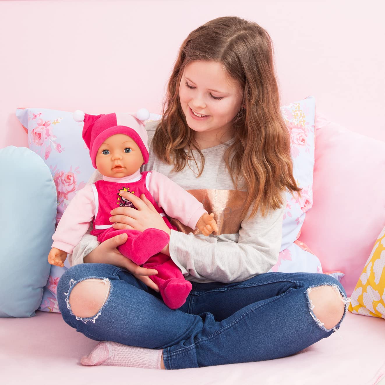 Bayer Design Hello Baby Multi Function Baby Doll, 18" (46cm), Pink, Model 94682AA, Plastic Material