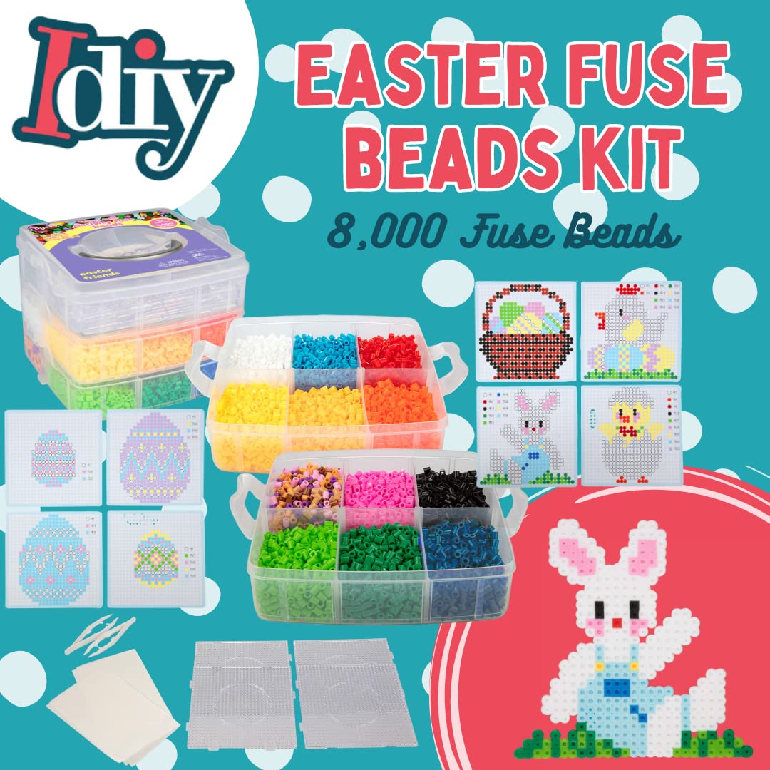 Easter Fuse Bead Kit, 8,000 Pieces (12 Colors)- 8 Unique Bunny & Egg Designs -DIY Gifts -Works w Perler Beads, Art Craft Project