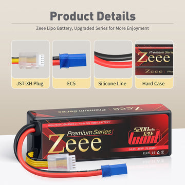 Zeee Premium Series 4S Lipo Battery 5200mAh LCG Hard Case Batttery Height 37mm 14.8V 120C with EC5 Connector for RC Car Truck Ta