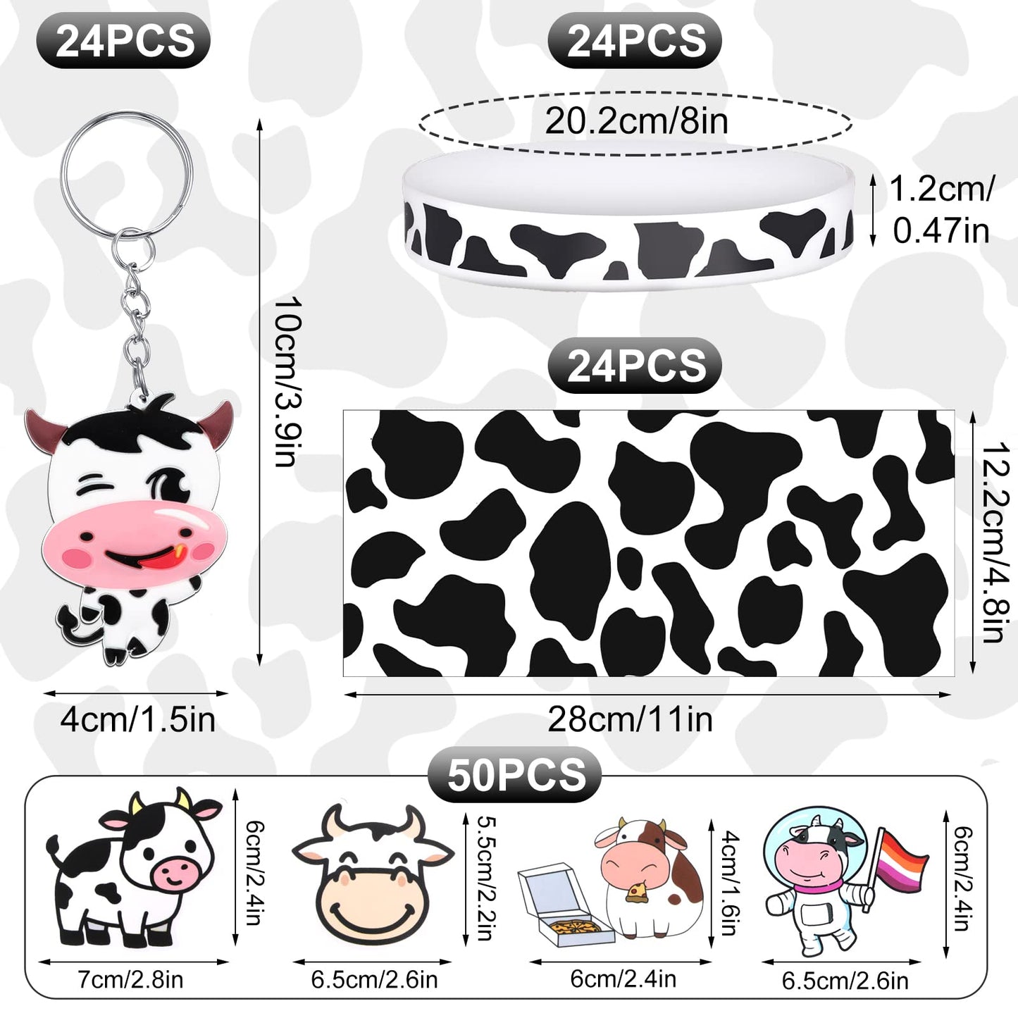 Chunful 148 Pcs Cow Party Favors Include cow Print Gift Bag Cute Keychain Elastic Silicone Bracelets Animal Stickers for Kids Gi
