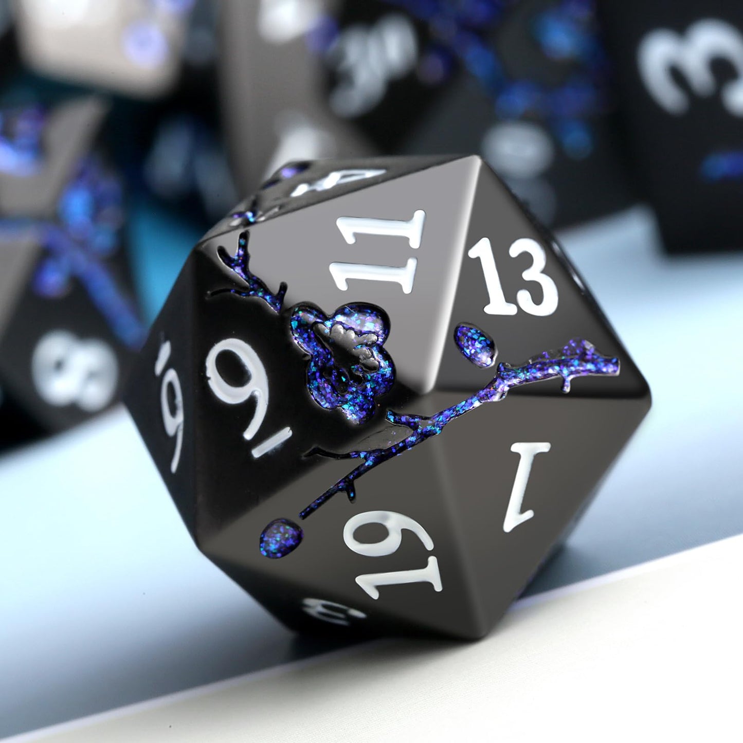 Glitter Blue D&D Metal Dice, DNDND 7 PCS Flower Metallic DND Dice Set with Grogeous Gift Case for Dungeons and Dragon Tabletop G