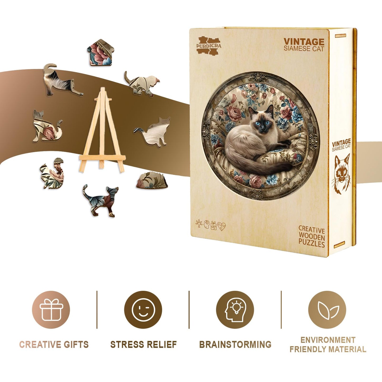 Wooden Puzzles for mature-themeds - Challenging Vintage Siamese Cat mature-themed Puzzle  Unique Animal Shaped Wooden Jigsaw Puzzles for mature-themeds  Creative Gifts Family Games 13.4 * 13.4in 300pcs