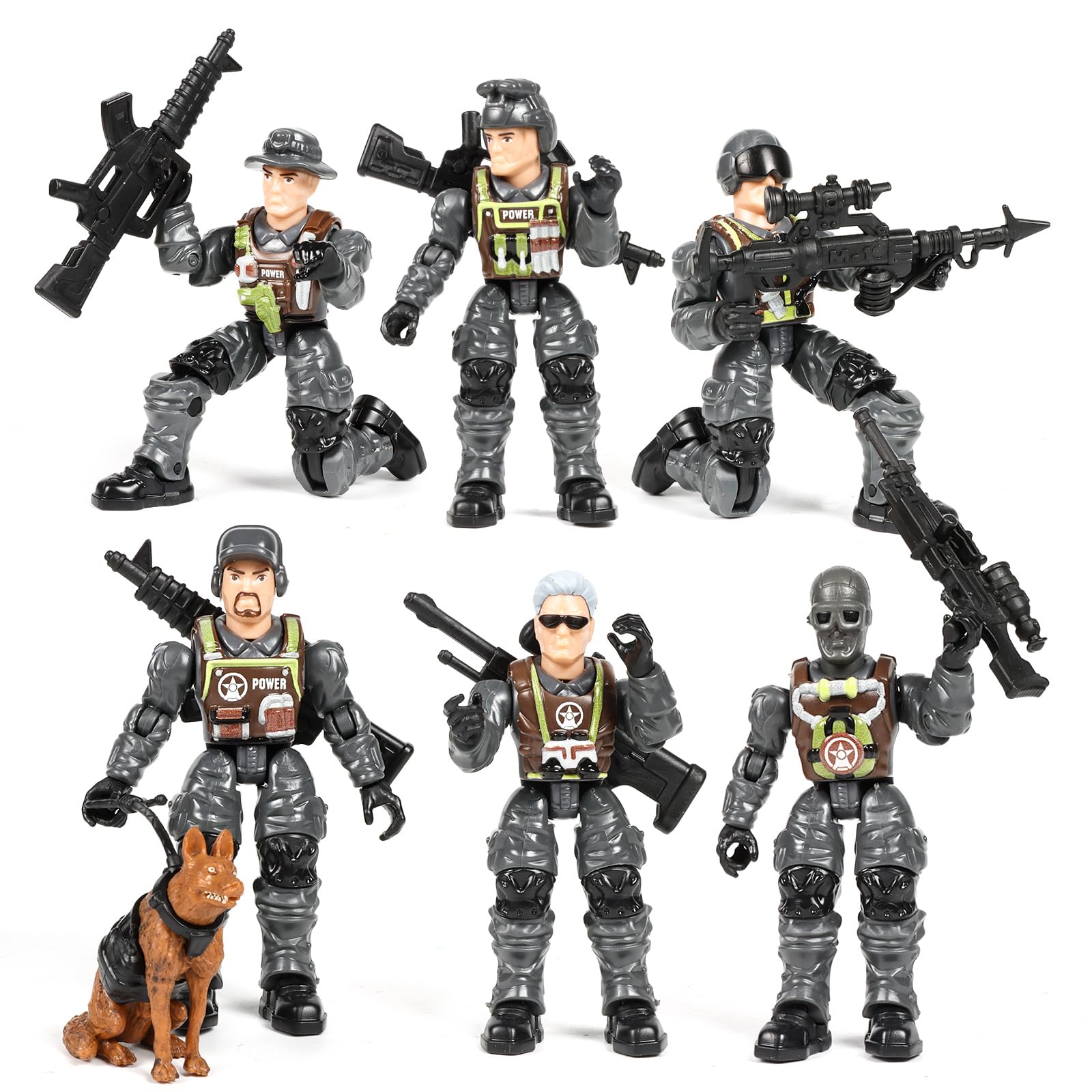 HAPTIME Army Men Action Figures with   Toy Soldiers for Boys  Plastic Army Toys for Boys 6-8  Birthday Gift for Military Collectors (6Pcs Gray)