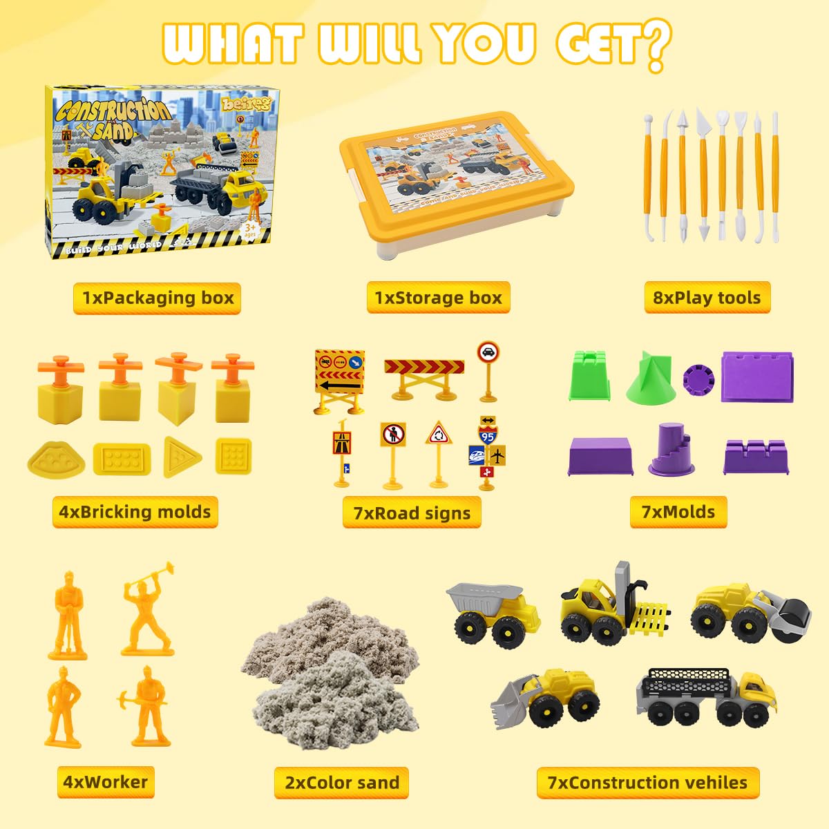 BEIREG Magic Sand Construction Kit, 3lbs Sand with Sandbox, 5 Detachable Construction Vehicles, 4 Brick Molds, 7 Castle Molds, 8