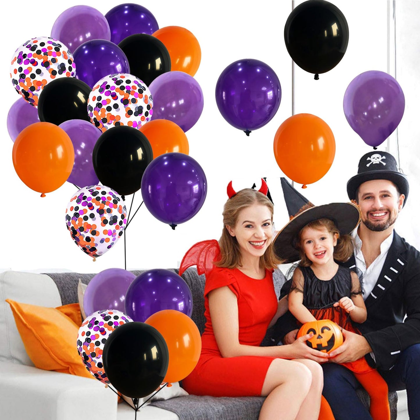 60Pcs Black Orange Purple Balloons, 12 Inch Balloon Purple Black Orange Party Balloons With Confetti Latex Helium Balloon For Bi
