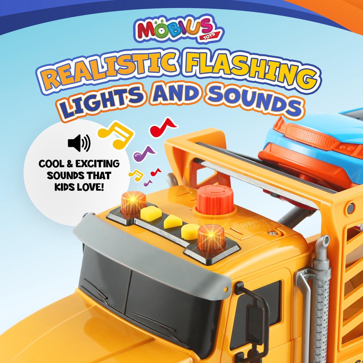 Kids Tow Truck Toy with Race Car - Friction-Powered Hauling Toy Tow Trucks for Boys Age 3-5 w/ Flashing Lights & Sounds - Playse