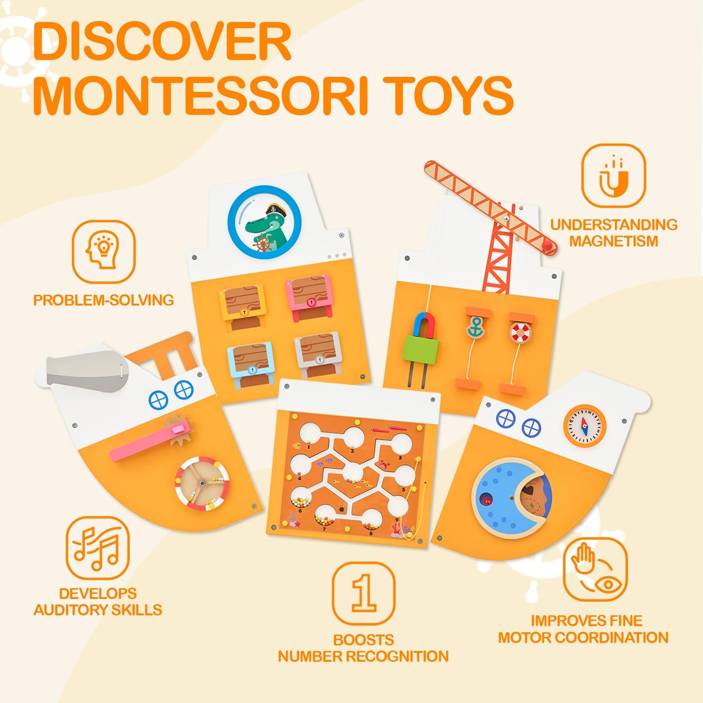 Monlurd Wooden Ship Activity Wall Panel For Kids, Sensory Wall Toy, Activity Cube, Wall Toys For Toddlers 1-3, Playroom Toys, Da