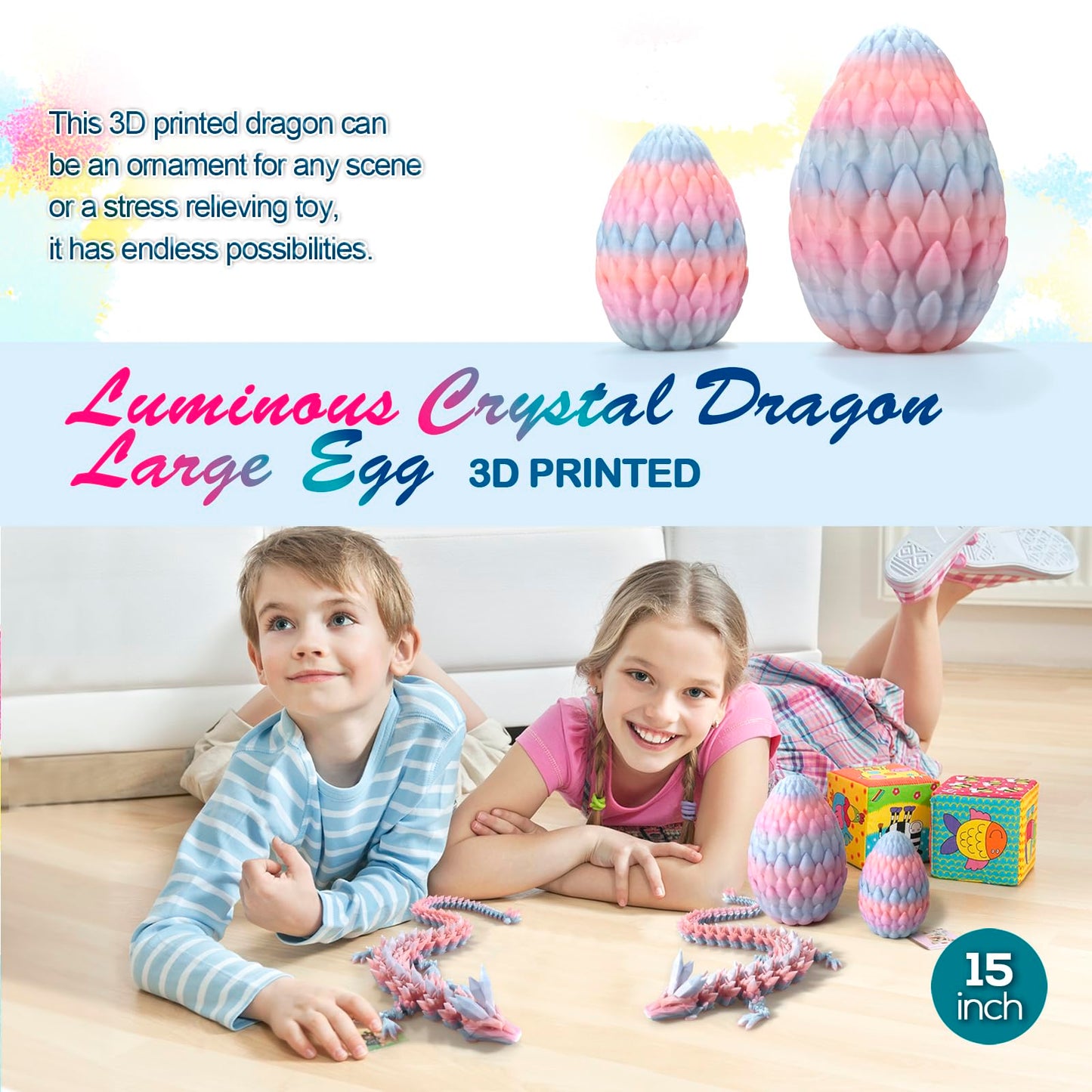 3D Printed Dragon,Dragon Eggs With Dragon Inside,Surprise Dragon Egg Toy,15'' Full Articulated Crystal 3D Dragon