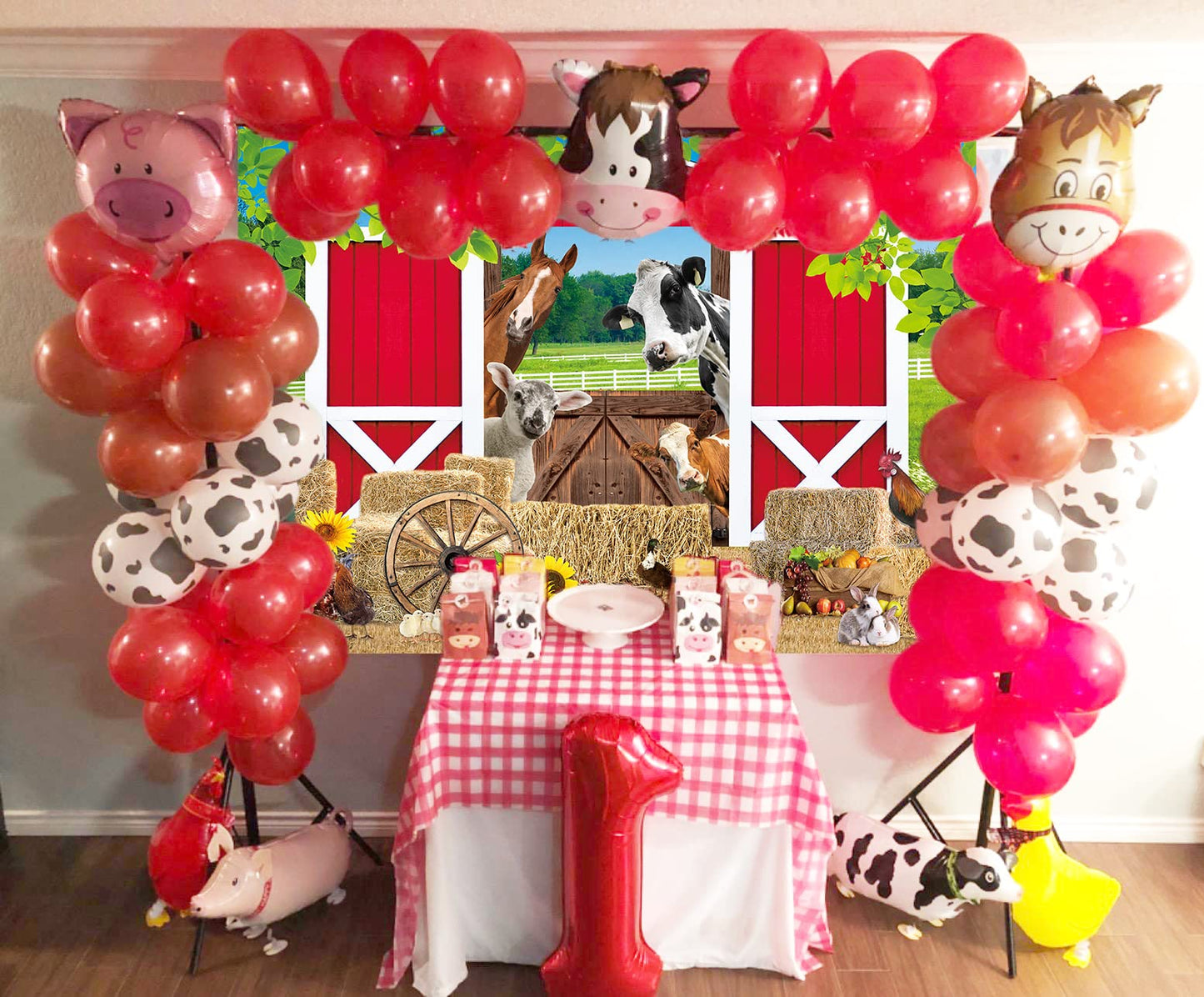 BAIFNEZ Farm Animals Backdrop Red Barn Farmhouse Barnyard Party Banner 7x5FT Country Farm Birthday Party Decorations for Kids Ba