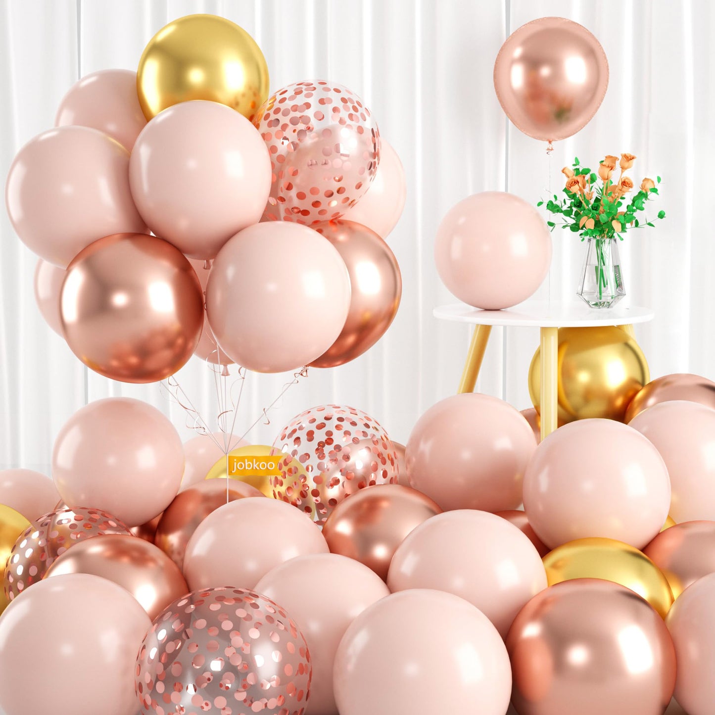 Jobkoo Pink Rose & Metallic Balloons, 60 Pcs Set, Female Gift, For Wedding, Birthday, Party Decoration
