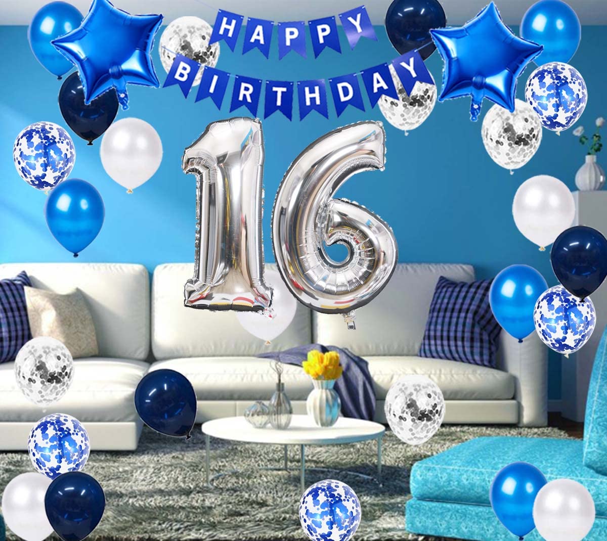 16Th Birthday Party Decoration For Boys, Happy Birthday Banner Blue Number 16 Birthday Balloons 16Th Birthday Latex Confetti Bal