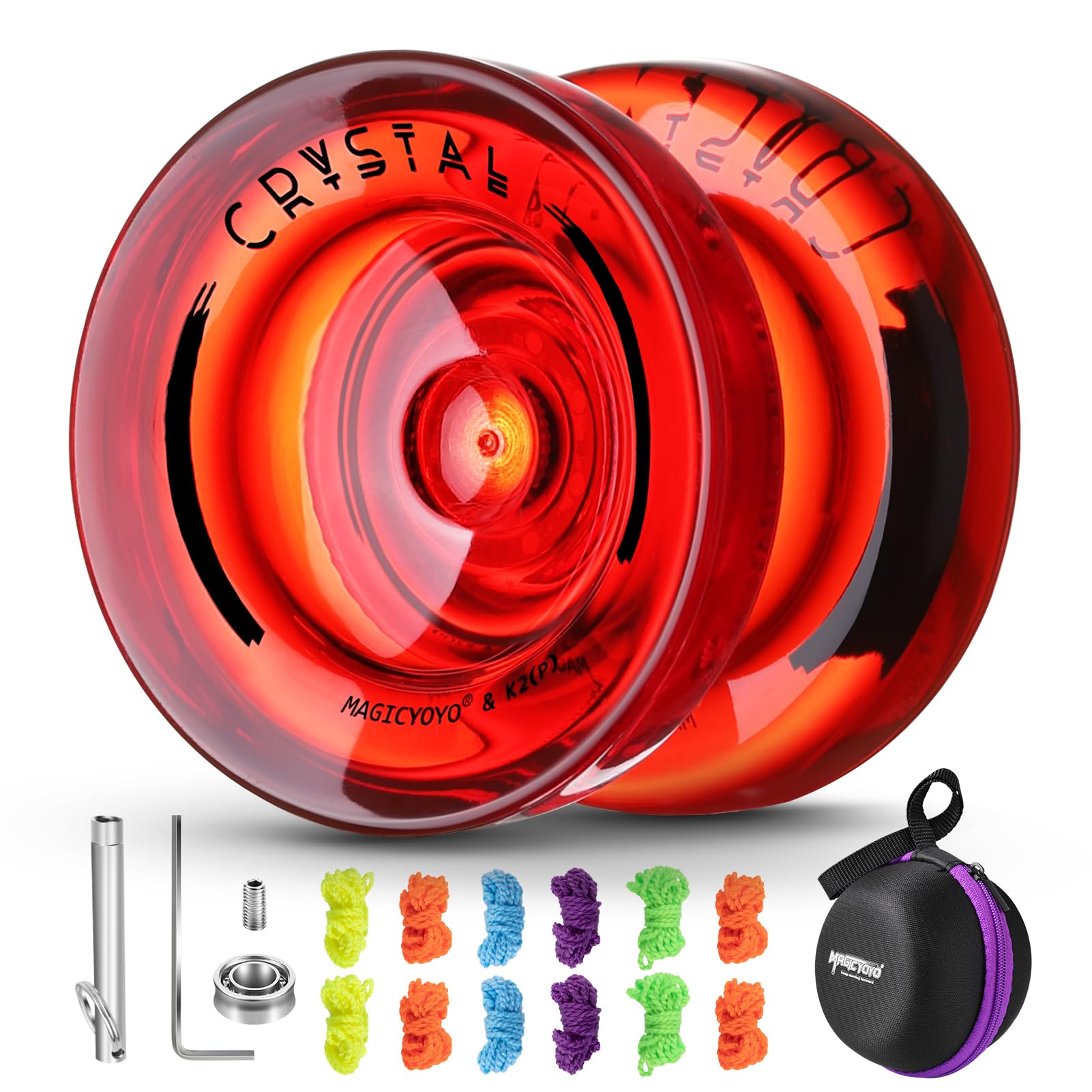 Professional Responsive Yoyo K2 Crystal, Dual Purpose Plastic Yoyo For Kids Beginner, Replacement Unresponsive Bearing For Advanced Yoyo Players + Removal Tool + 12 Yoyo Strings + Yo Yo Bag(Red)