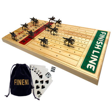Fineni Horse Racing Game For Adults, Horse Race Board Game With 11 Luxurious Metal Horses (Black), 22” Pine Wood Horse Race Game Board, Dice & Card Included (Log Color1)