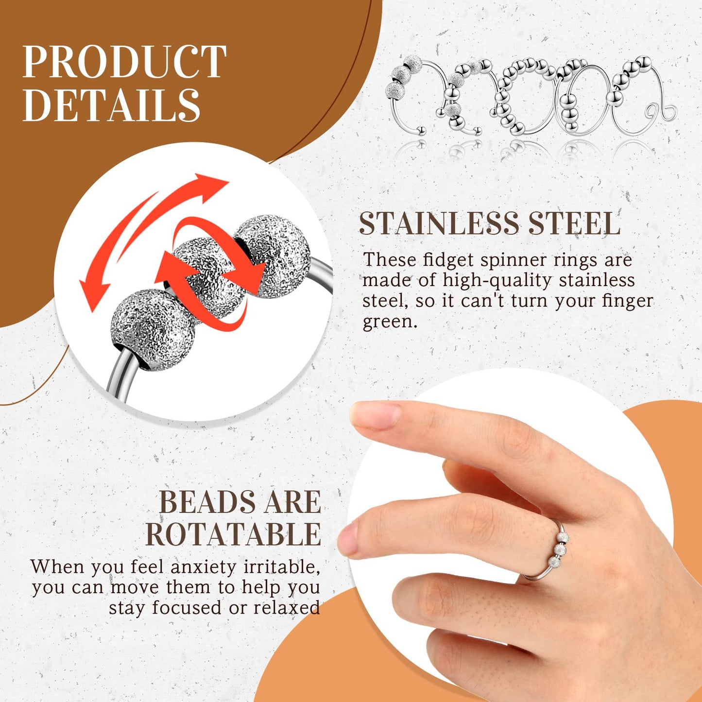 30 Pcs Anxiety Fidget Ring For Women Stainless Steel Adjustable Spinner Ring With Beads For Men Women Adults Stress Relief(Silver)