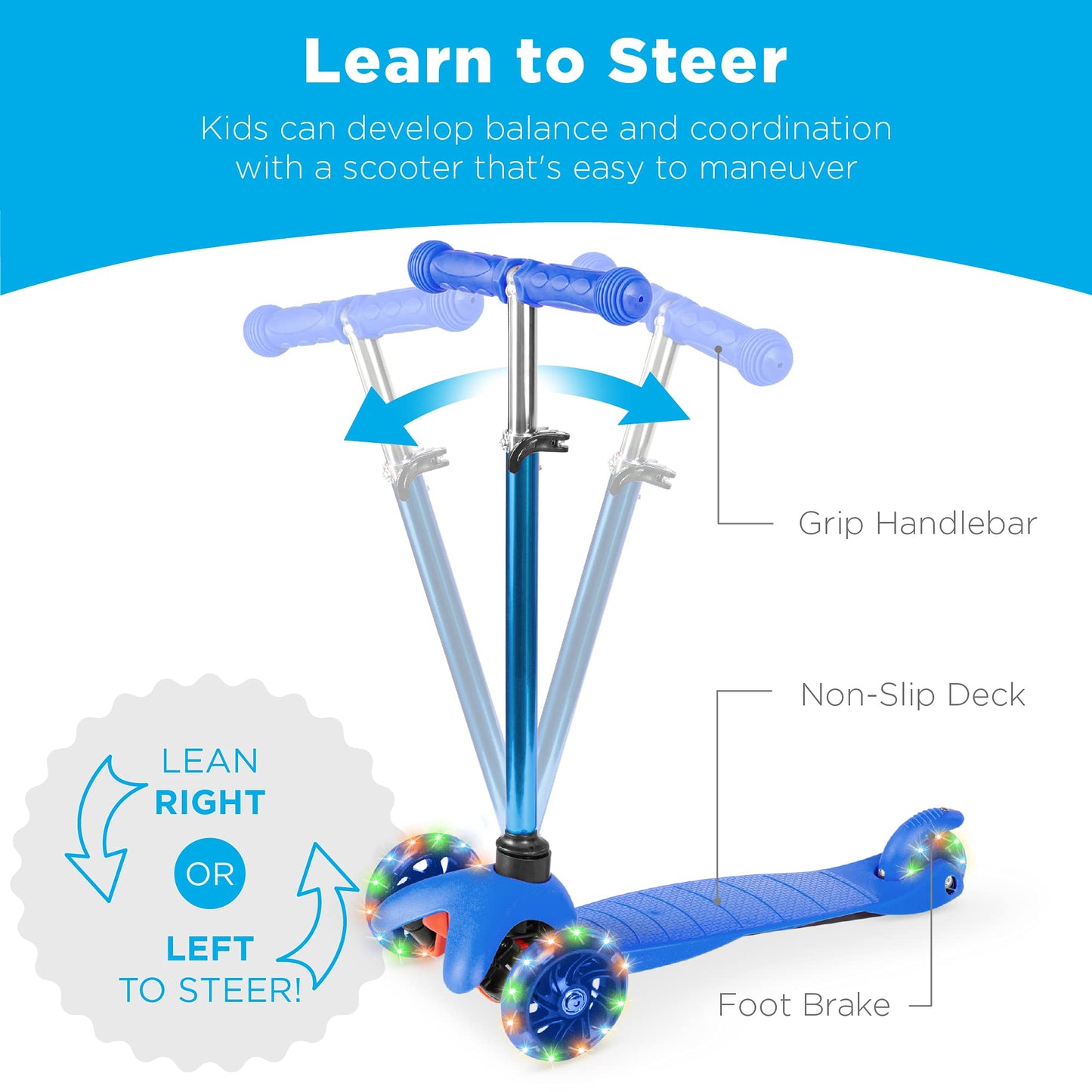 Best Choice Products Kids Mini Kick Scooter Toy W/ Light-Up Wheels, Height Adjustable T-Bar, Foot Break - Blue