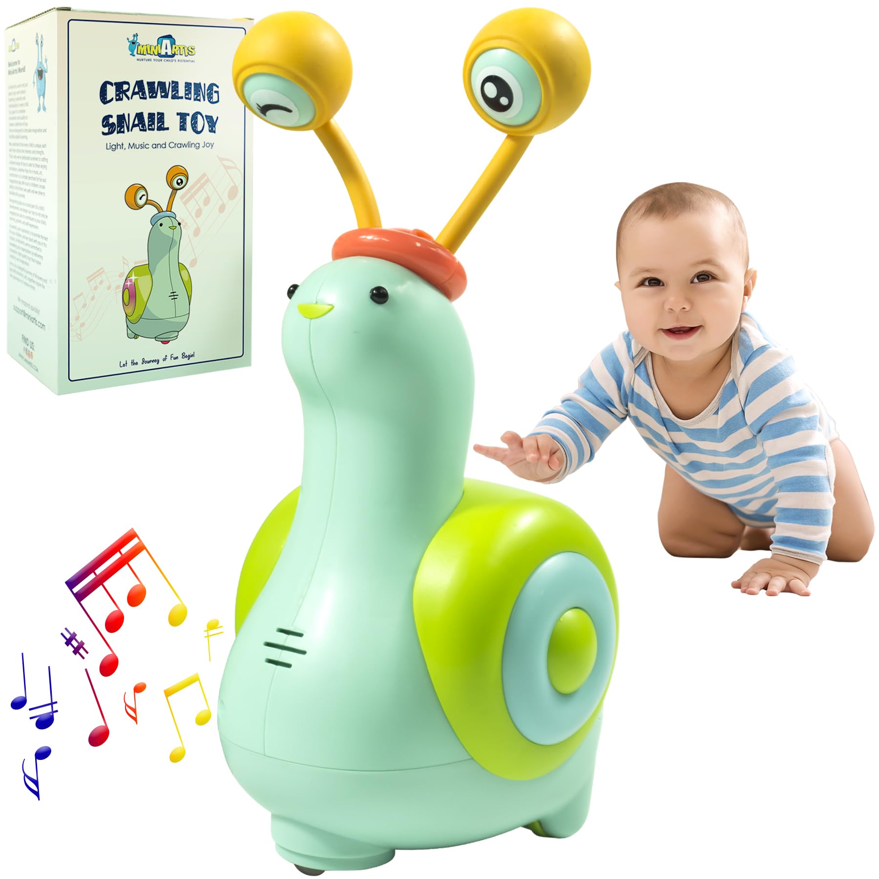 Miniartis Baby Crawling Toys | Musical Snail Baby Toy, Infant Tummy Time | Crawling Toys For Babies 6-12 Months | Learning Crawl And Walking | Toddler Birthday Gift For 6-36 Month Boy Girl