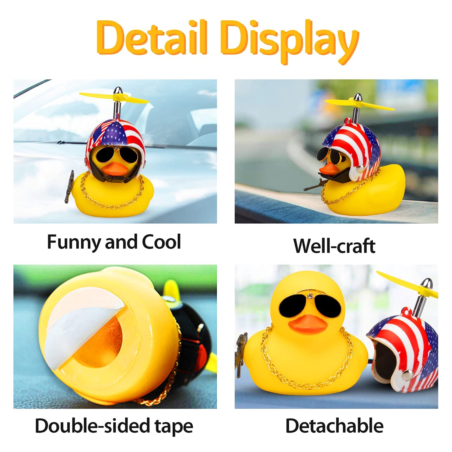 Wonuu Rubber Yellow Duck Car Ornaments Cool Duck Car Dashboard Decorations With Propeller Helmet Sunglasses (Flag-Yellow G)