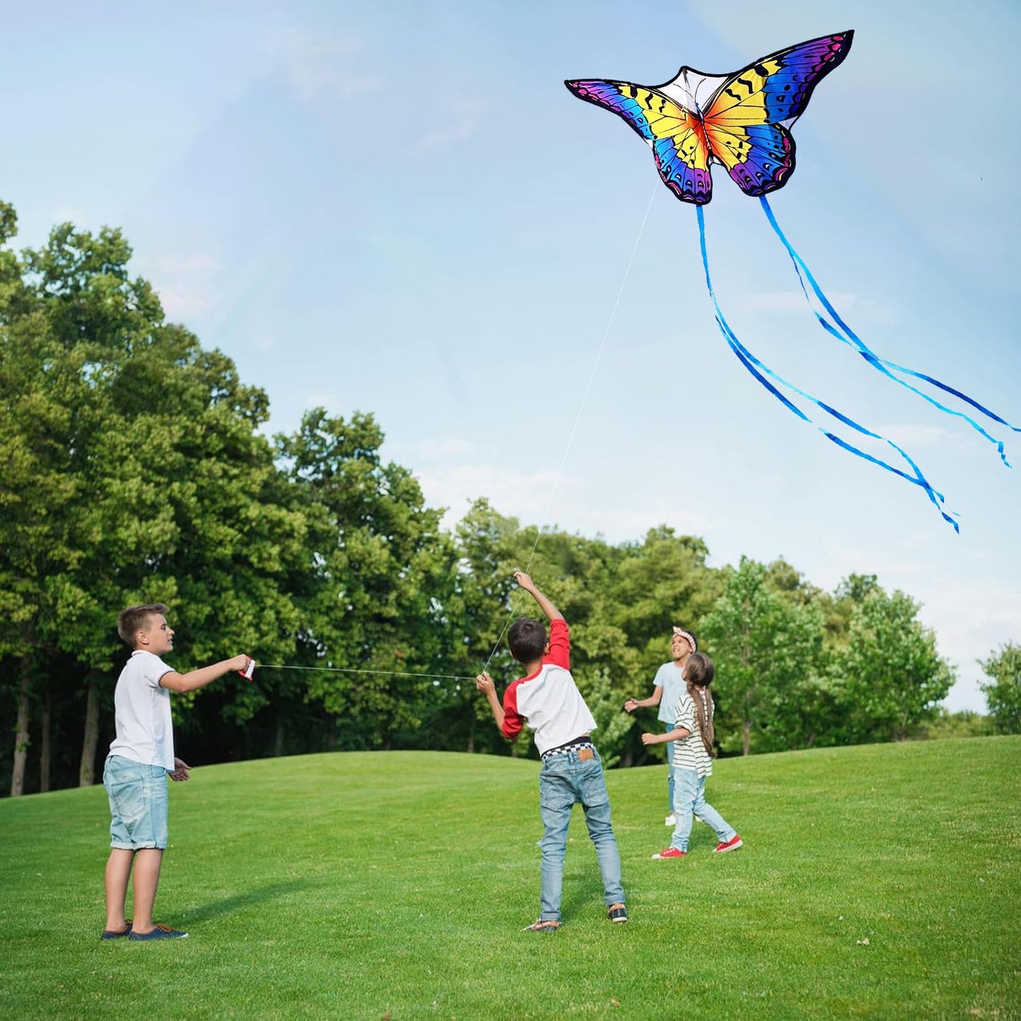 Honbo Butterfly Kites For Kids & Adults,55' X 28' Large Beginner Kite For Kids Ages 4-8,Easy To Fly For Beginners,Beach Kites For Outdoor Activities & Family Trip(Blue+Rainbow)