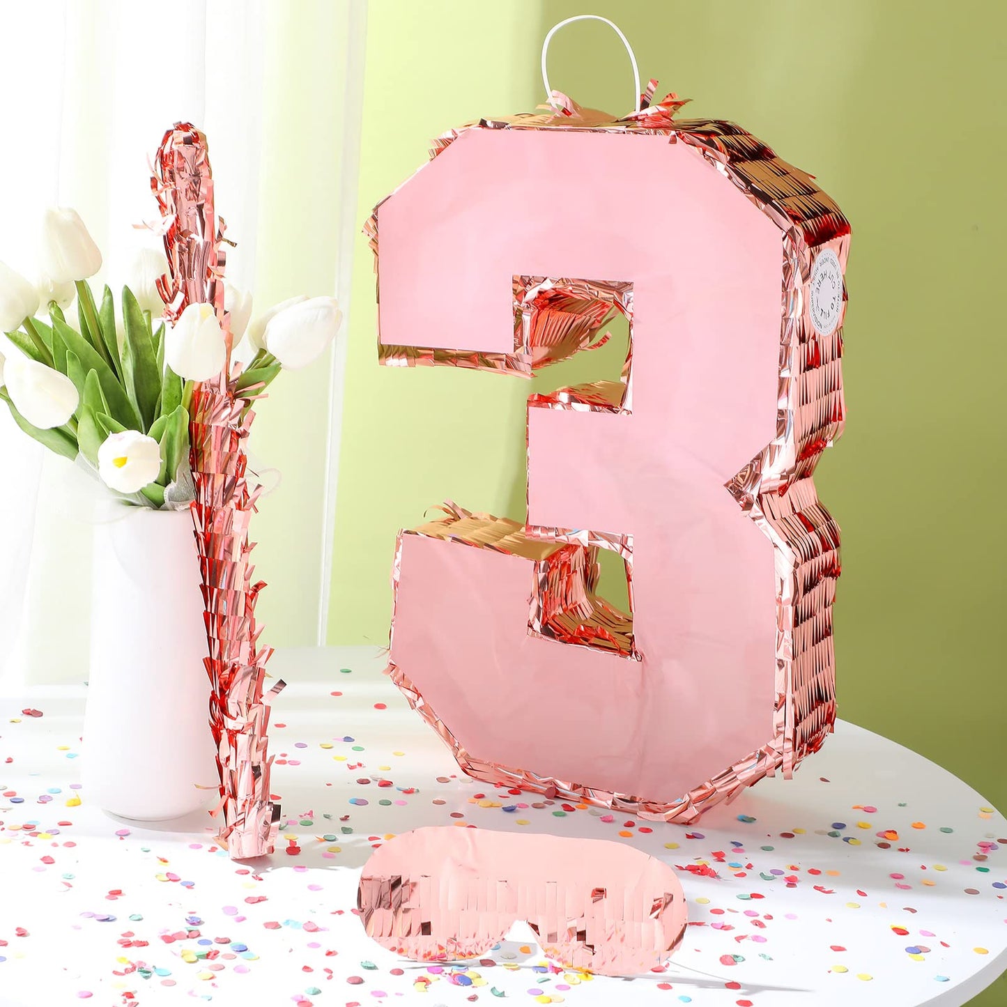 Number Piata Rose Gold Piata with Stick Blindfold Confetti, Princess Piata for Girls Birthday Party Anniversary Celebration Deco