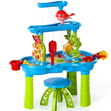 TEMI Kids Sand Water Table , 3-Tier Sand Table and Rain Showers Splash Pond Water Table Toys, Activity Sensory Play Table Beach