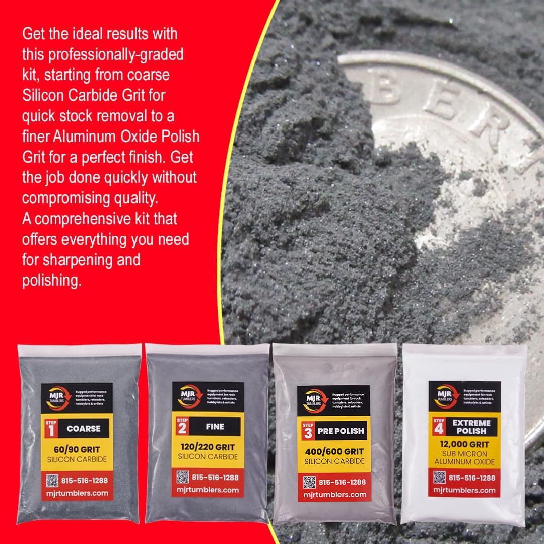 Mjr Tumblers Refill Grit Kit W Premium Quality Extreme Polish 12,000 Grit Sub Micron Aluminum Oxide Polish For Unparalleled Result. For 6Lb Rock Tumblers W Silicon Carbide, Disabled And Veteran Owned