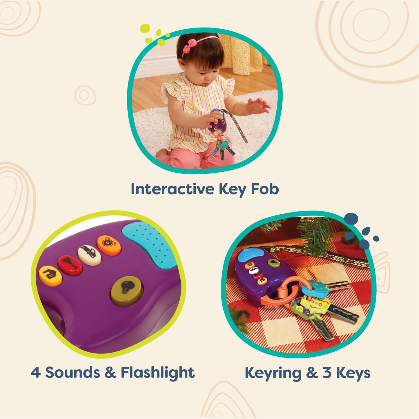 B. toys Toy Car Keys - Interactive Baby Toy with Lights & Sounds, Purple, 1 Count, Model BX1200Z