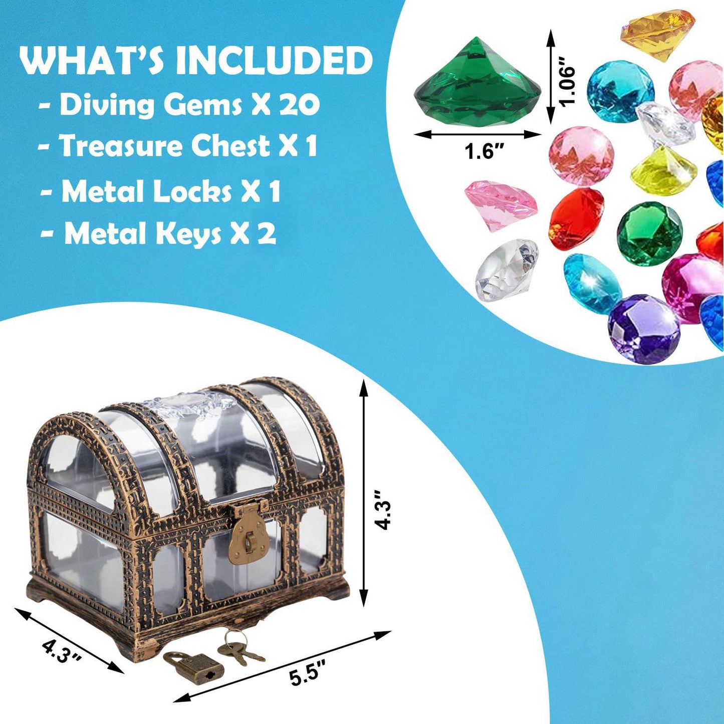 20Pcs Diving Gems Pool Toys - Colorful Diamond Treasure With Pirate Chest, Underwater Swim Training Gift For Kids, Summer Water