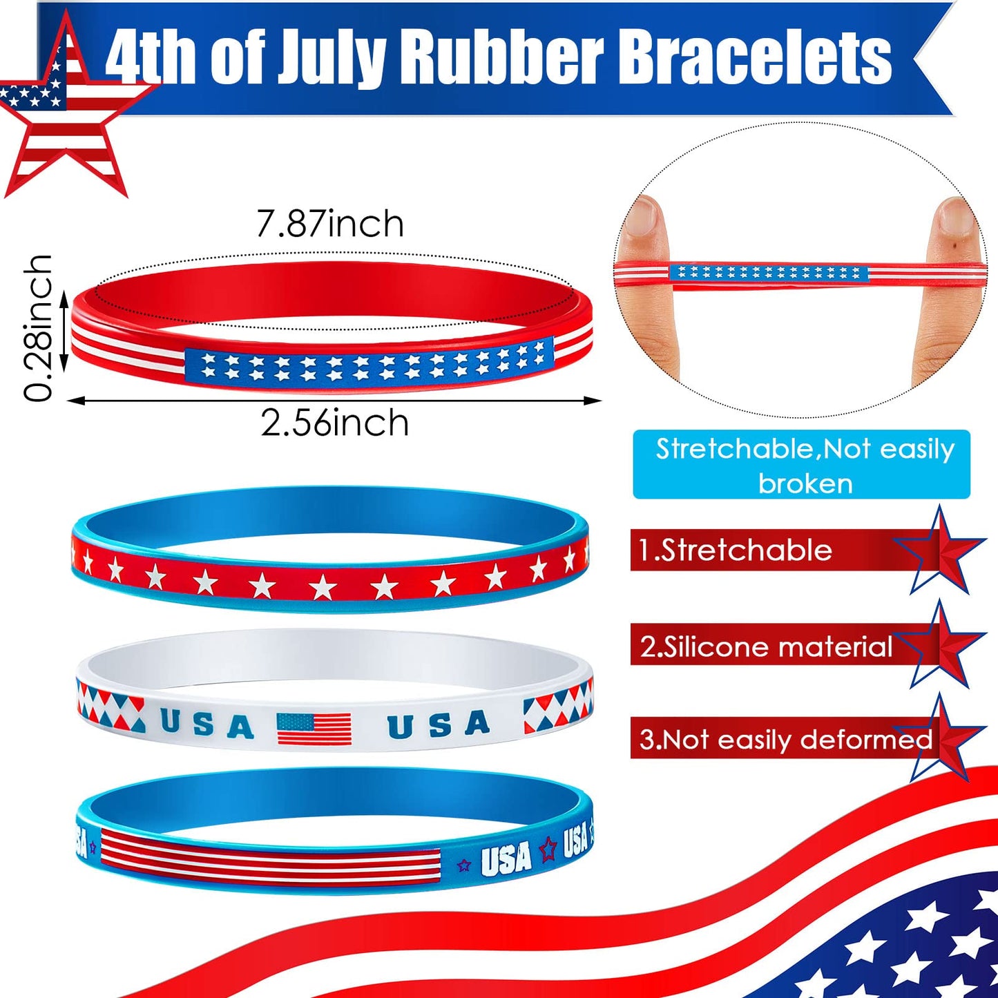 Leitee 100 Pcs USA Silicone Bracelet Red White Blue American Flag Wristbands Veterans Day Memorial Party Accessories Decoration