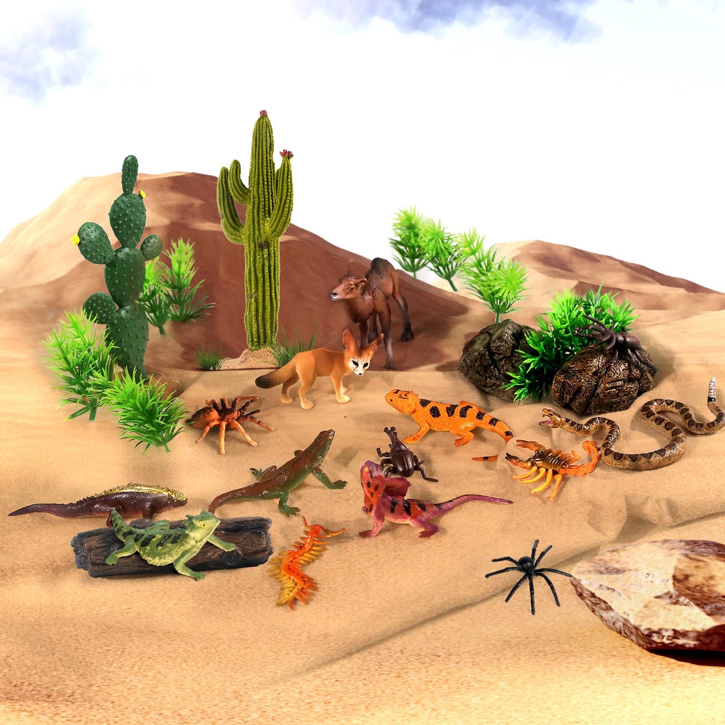 Sienon 32Pcs Desert Animal Figurines Set Model Trees Cactus Kit Desert Diorama Project With Camel Fennec Fox Rattlesnake Scorpion Lizard Reptile Toy Playset For Kids Birthday Cake Toppers Party Décor
