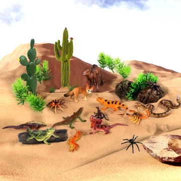 Sienon 32Pcs Desert Animal Figurines Set Model Trees Cactus Kit Desert Diorama Project With Camel Fennec Fox Rattlesnake Scorpion Lizard Reptile Toy Playset For Kids Birthday Cake Toppers Party Décor